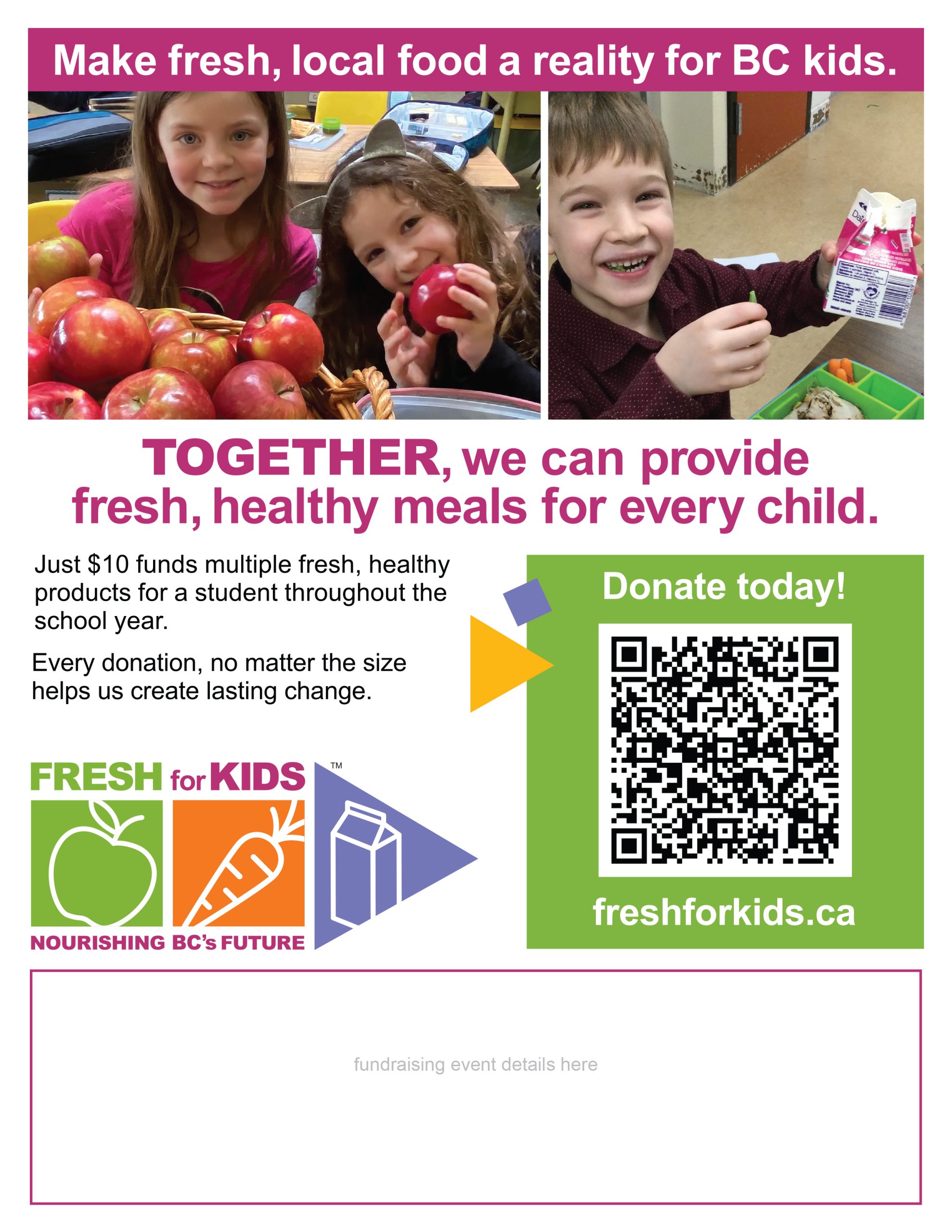 Three children smile while holding apples and a milk carton. The poster promotes a fundraiser to support healthy meals for kids in British Columbia, with a QR code for donations.